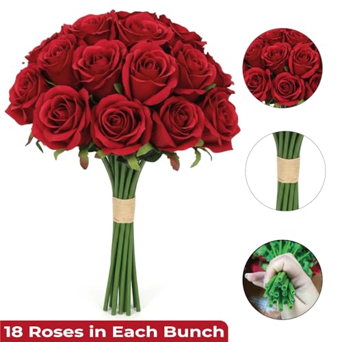Artificial Red Roses with Stems 12", 18 Pcs Fake Red Flowers for Home Decor, Realistic Silk Roses for Wedding Centerpieces, Valentine’s Gifts & Christmas - color: Red