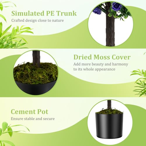 Goplus 22'' Artificial Purple Rose Topiary Ball Tree, Set of 2 Faux Potted Plants Artificial Shrubs Bushes with Flowers, Fake Evergreen Boxwood Topiary for Indoor Outdoor Home Front Porch Decor - color: Purple Rose