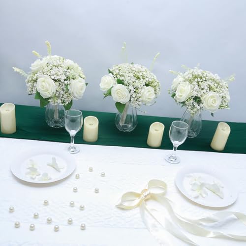 Artificial Bridesmaid Bouquets Set of 6 - Ivory White 9 Inch Various Flower Bouquet for Wedding Party Ceremony Dinning Table Centerpieces Decor Faux (Rose & Babys Breath & Ribbon) - color: Rose