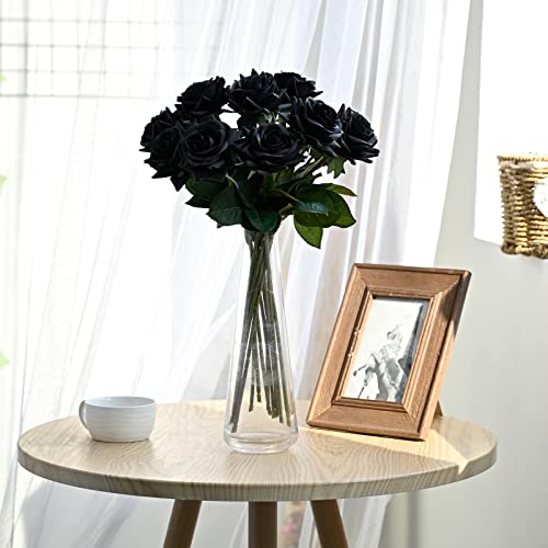 ZMZQ&flw Black Roses Artificial Flowers 12PCS, Real Touch Silk Flowers, Realistic Single Fake Flower with Individual Stems Leaves - color: Black 12pcs