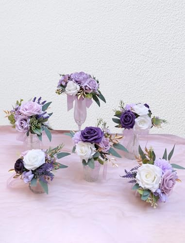 Marriwise Set of 6 Purple Assorted Wedding Flower Centerpieces Pre-Made Mini Bridesmaid Bouquets Artificial Floral Lavender Table Decor for Wedding Decorations Shower Home Decor (Purple) - color: Purple