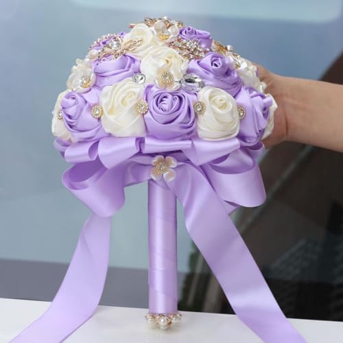Lilac Ivory Wedding Bridal Bouquet with Rhinestone Brooch Bouquet for Bride Bridesmaid Quinceanera Satin Rose Flower Bouquet Wedding Light Purple Lilac and Ivory 7.5in - color: Light Purple & Ivory, size: Diameter: 7.5 inches