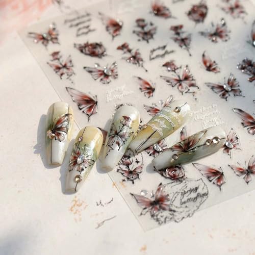 Retro Butterfly Nail Stickers - 5D Emboosed Red-Black Gradient Nail Decals 1PCS Summer Rose Butterfly Nails Adhesive Stickers with Rhinstone Design Spakrling Nail Art Supplies for Manicure Decor - style: Style9-Retro Blcak Butterfly