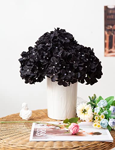 DuHouse 8.7" Artificial Hydrangea Silk Flower Heads with Stem Fake Black Hydrangeas Flowers for DIY Wedding Centerpiece Home Decor Pack of 6 (Black) - color: Black