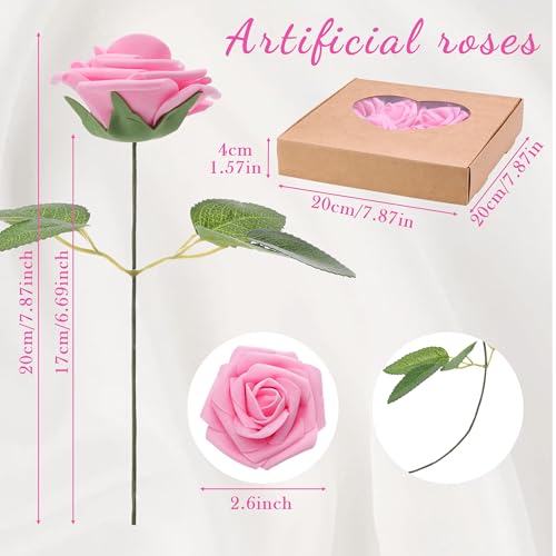 16 Pcs Fake Dark Pink Roses Artificial Flowers | Pink Foam Roses with Stems, Artificial Flowers for DIY Wedding Bouquets, Centerpieces, Party, Home Decor - color: Dark Pink