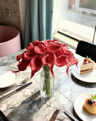 18PCS Real Touch Artificial Calla Lily Flowers for Decoration, Outdoor Wedding Bouquets, Lifelike Faux Flowers for Home, Garden, Party, and Event Decor(Red) - color: Red
