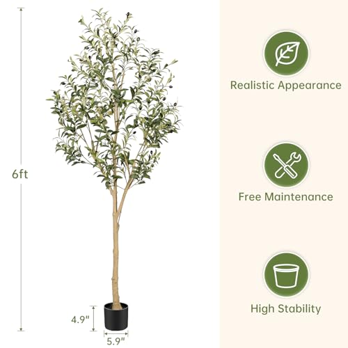 Realead Artificial Olive Tree 6FT - Tall Faux Olive Tree with Realistic Leaves and Natural Trunk - Indoor Fake Olive Tree with Black Pot - Artificial Trees for Home Office Living Room Decor - size: 6ft