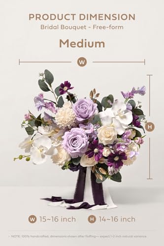 Ling's moment Purple Bridal Bouquet, 15 Inch Lilac Wedding Bouquets for Bride, Silk Free Form Bridal Bouquets for Wedding, Ceremony, Anniversary, etc. - color: Prpl-gold & Lilac, size: Medium 15 Inch