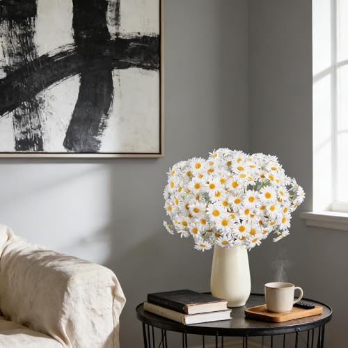 AmyHomie Artificial Daisy Flowers, 5 Bunches 135 Heads White Silk Gerbera Daisies, Fake Wildflowers with Bendable Stems for Wedding Home Indoor Outdoor Decor (20 Inches，White) - color: White