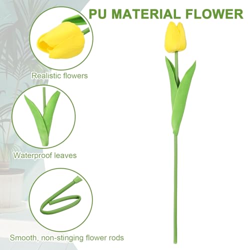 uxcell 20pcs Tulips Artificial Flowers, Faux Flowers Silk Fake Tulip Stems Real Touch for Wedding Bouquet Centerpiece Table Party Decoration(Yellow) - color: Yellow