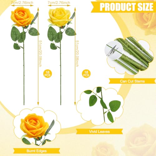 36 Pcs Velvet Texture Yellow, Lemon Yellow Artificial Flowers Bridal Bouquet, Fake Rose Long Stem Realistic Flowers Bulk for Valentine's Day Wedding Bouquet Ball Arrangement Centerpiece Party - color: Yellow, Lemon Yellow