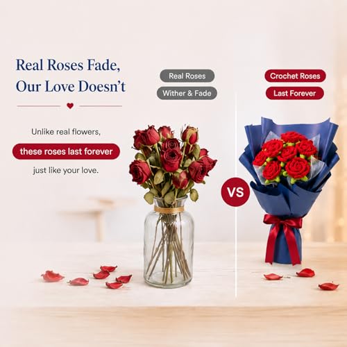 Crochet Flowers Red Roses Bouquet 9 Crochet Roses Flower for Wife Gift, Lover Anniversary Valentine's Day Bouquet for Her, Birthday, Wedding - color: Red