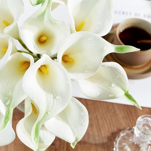 Artificial Calla Lily 12Pcs White Real Touch Faux Flowers for Wedding Bouquet, Bride Bridal Shower, Spring Home Kitchen Table Decor, Fake Lilies for Centerpieces, Party Decorations - color: White