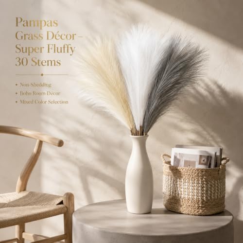 30Pcs Artificial Pampas Grass Decor - 21.7" Fluffy White Beige Grey Faux Flowers for Vase, No Shed Boho Room Decor, Wedding Table Centerpieces & Photography Props - size: White Grey Beige