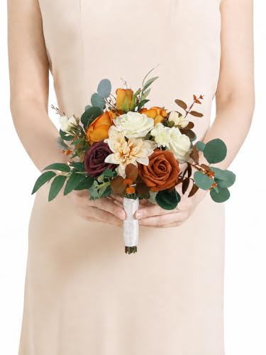 Rinlong Terracotta Bridesmaid Bouquet, Fall Wedding Bouquets | Burnt Orange Silk Bridal Bouquet, Prom, Homecoming, Destination Friendly - color: 01-terracotta & Green