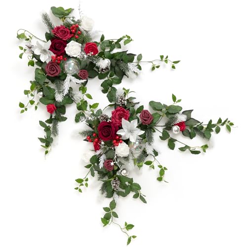 Ling's moment 2PCS Red Artificial Flower Garland Wedding Arch Flowers Christmas Floral Swags Table Centerpieces Rose Arrangements for Sweetheart Table Easel Wall Entryway Board Backdrop Decor - color: Red-red & White
