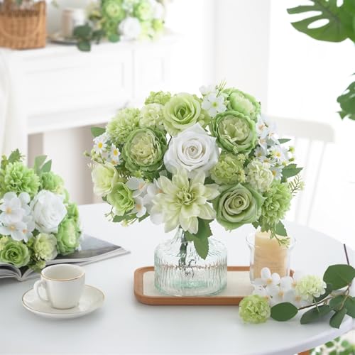 4 Pcs Mixed Artificial Flowers Set, Small Artificial Peony Bouquet Fake Rose Flower Silk Floral Arrangements for Table Centerpiece Home Wedding Party Bridal Decoration(Green, 2 Bouquets & 2 Stems) - color: Green, size: Mixed 4pcs