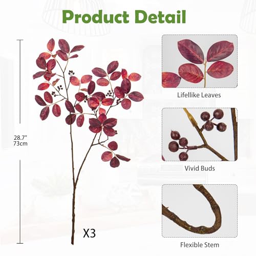 3PCS Artificial Greenery Stems Fall Leaves Branches for Vase Fake Lagerstroemia Faux Branches 28.7 Inch Plants Leaf Bushes for DIY Floral Arrangement Bouquets Festival Party Wedding Home Decor Red - color: Lagerstroemia - Red