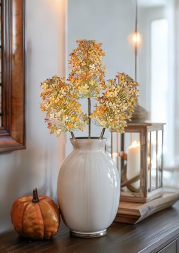 3 Pcs Hydrangea Artificial Flowers Bouquets for Fall Home Decor, 16" Faux Hydrangea Stems with Flower Seeds for Autumn Floral Arrangements Centerpiece & Wedding, Silk Fake Cone Blooms in Orange Yellow - color: Orange Yellow
