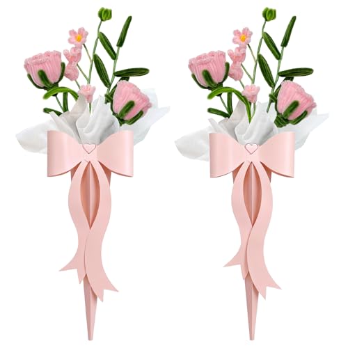2PCS Valentines Day Gifts Finished Pipe Cleaner Roses,Handmade Pink Rose Bouquet with Bow Gift Box Ready-to-Gift Artificial Flowers for Valentine’s Day, Weddings, Birthdays, Party Decor - color: Rose