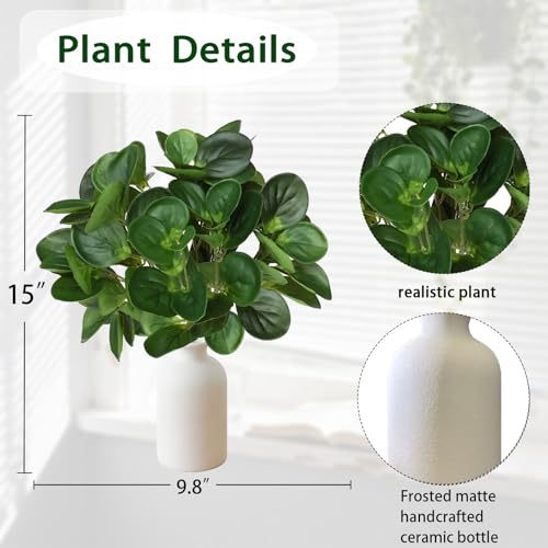 15" Artificial Eucalyptus Stems Potted Plant - Realistic Small Fake Desk Plants for Office Home Decor, Faux Plants in Frosted Ceramic Vase for Indoor Spaces, Wedding Centerpieces Table Decor（2pcs leaf - color: Big Eucalyptus Plant