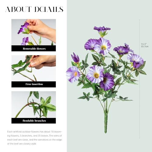 Dark Purple Artificial Morning Glory Flowers for Outdoor Planters, Premium UV Resistant Silk Faux Flowers for Porch, Hanging Basket & Window Box, Elegant Garden Decor, No Pot, 13.3 Inch, 8 Bundles - color: Light Purple 8pcs