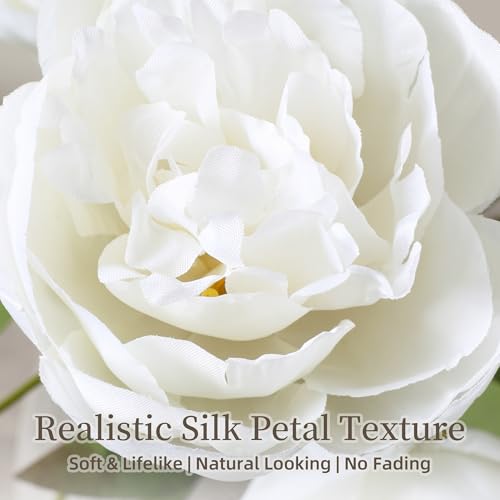 florisso 6 Pcs 27" Faux Silk Artificial Peony Flowers, Fake Peony Branches for Vase DIY Bouquet Centerpieces Wedding Shower Decorations, White - color: White