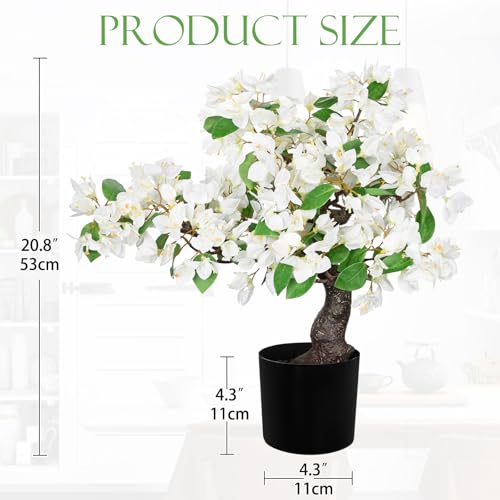 Briful Artificial Bougainvillea Flower Plant 20.8" Bougainvillea Bonsai Tree with Black Pot Silk Bougainvillea Floral Centerpiece for Home Office Room Table Shelf Mantle Decor(White) - color: White