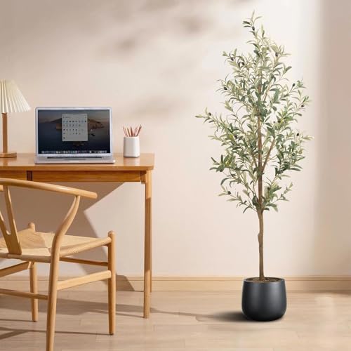 Artificial Fake Olive Tree 5FT Tall 1Pack Faux Silk Olive Tree for Home Living Room Office Decor Faux Artificial Plants Indoor Fake Potted Plants with Fruit & Free Moss - size: 5ft