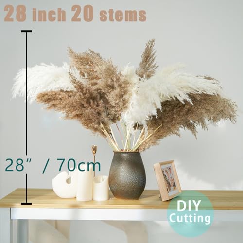 28" inch 20 Stems Large Pampas Grass Decor - Fluffy Brown & White Pampas Grass Decor Tall Pompas Grass for Floor Vase - Boho Home Decor Wedding Decor Natural Flower Bouquet - size: 20pcs 10brown & 10white