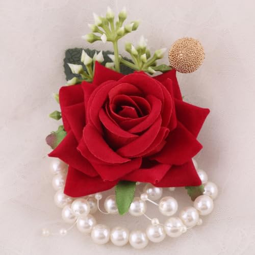 Ruby Red Wrist Corsages Set of 12 for Bridal Bride Bridesmaid Women Artificial Hand Flower Formal Party Wrist Corsage Pearl Band Wristlet Wedding Prom Homecoming Ruby Red - color: Ruby Red Corsages ( 12pcs )