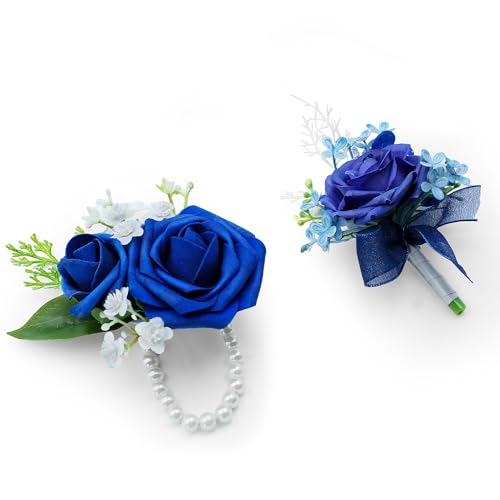 Corsage Wristlet and Boutonniere Set, Royal Blue Corsage Wristlet with Pearl Bracelets & Artificial Rose Flower for Men Wedding Suit, Homecoming, Prom Decorations, 2 Pack
