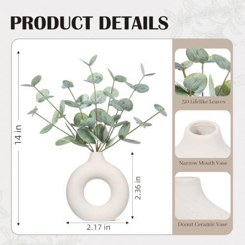 FIACO Artificial Eucalyptus Stems in Ceramic Vase, 14" Fake Plants for Home Decor, Coffee Table Centerpiece Bathroom Shelf Dining Table Farmhouse Faux Greenery Plants Indoor Decorations - color: Green Eucalyptus - White Donut Ceramic Vase