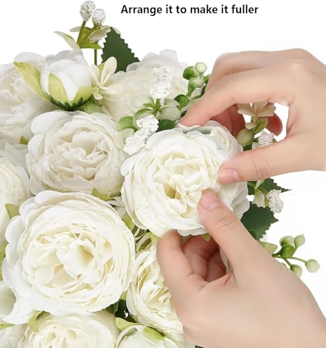 12 Bundles Peonies Artificial White Flowers Bouquet, Lifelike Silk Fake Peonies with Stems for Home Table Centerpieces, Wedding, Party & DIY Bridal Floral Arrangements (White) - color: White