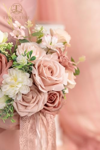 TINGE TIME 7 Inch Wedding Bouquets for Bridesmaid, Set of 4, Artificial Flowers Cascading Bridal Bouquet for Wedding Ceremony Anniversary, Bridal Shower and French Rustic Vintage Wedding (DustyRose) - color: Dusryrose