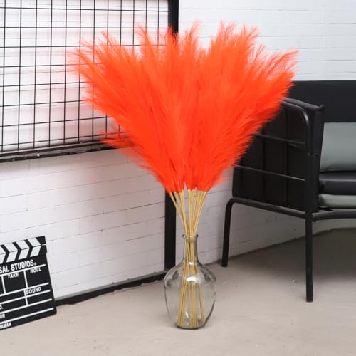 38" 10 Stems Orange Pampas Grass Decor - Tall Faux Pampas Grass for Floor Vase Fluffy Artificial Pampas Grass for Boho Home Wedding Mothers Day Decoration - color: Orange