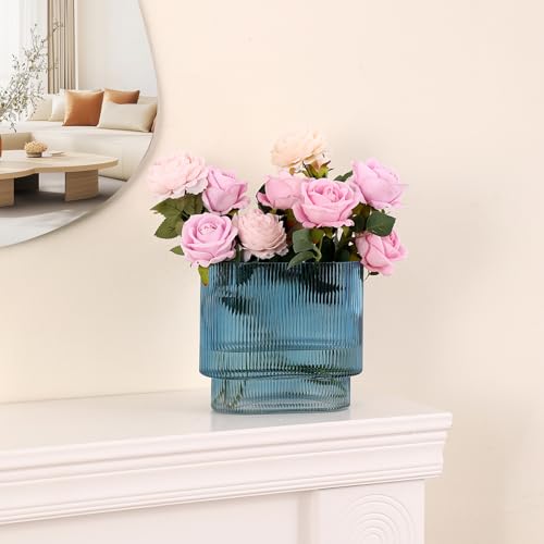 Ribbed Glass Vase, Blue Glass Vase, Fluted Short Vases for Flowers, Modern Vases for Living Room, Dining Room, Bathroom, Desk, Shelf, Wedding, Office, 7 Inches - color: Blue, size: Oval 7 Inches