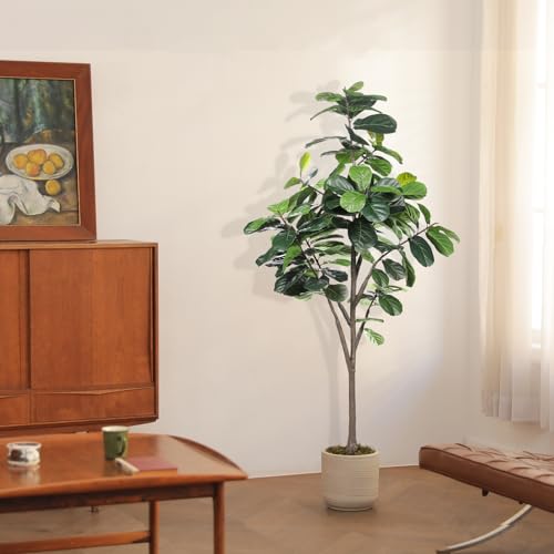 LYERSE Faux Fiddle Leaf Fig Tree 7ft - Artificial Ficus Lyrata Plant in Pot - Fake Fig Tree for Indoor Modern Home House Office - size: 7ft