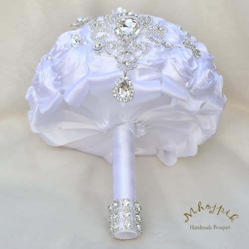 Bridal Wedding Bouquet Round Bling Brooch Bouquet Artificial Rose Flower Bunch for Bride Bridesmaid Wedding Quinceanera(White, 7.5") - color: White, size: Small (Dia. 7.5"/19cm)