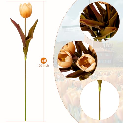6 PCS 20inch Fall Artificial Tulip Orange Silk Tulips Flower Faux Autumn Tulip 3D Real Touch Flowers for Home Party Wedding Floral Arrangement Centerpiece Table Party Decoration(Orange)