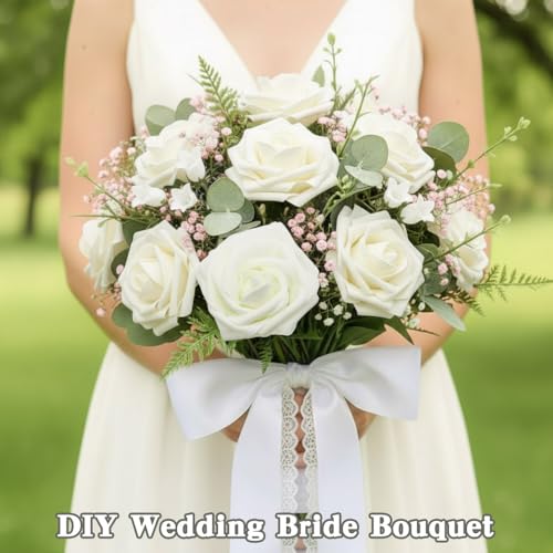 Artificial Flowers, 25pcs Real Looking Ivory White Foam Fake Roses with Stems for DIY Wedding Bouquets White Bridal Shower Centerpieces, Faux Rose for Floral Arrangements Table Decorations - color: Ivory White