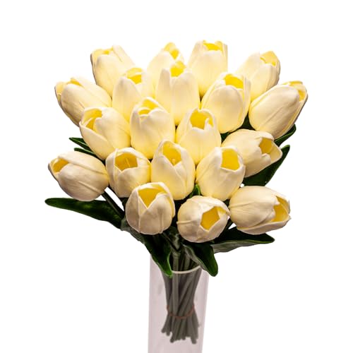 20PCS Artificial Tulip Flowers - 13.7" Real Touch Fake PU Tulips Bouquet Faux Spring Flowers for Office Table,Bedroom,Kitchen Home Mothers Day Easter Decoration (Milky White)