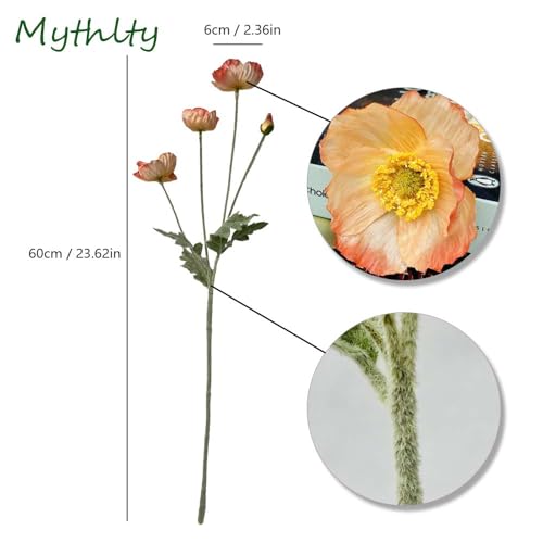Set of 6 Poppies Flowers Artificial Silk Flowers with Long Stems Faux Wildflowers Bouquet for Vases Oil Pastel Style for Wedding Party Indoor Home Office Decor (Gradient Coral) - color: Gradient Coral