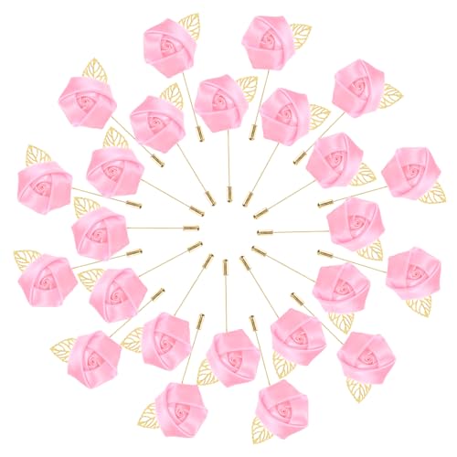 M METERXITY 48-Pack Flower Lapel Pins for Men, Golden Leaf Rose Boutonnieres Pin Groom Boutonnieres for Wedding/Dance/Party, Men Lapel Pins for Suits Satin Flower Corsage [Pink] - color: Pink