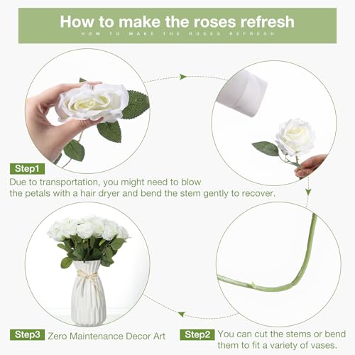 Thiccywoov 30 Pcs Rose Artificial Flowers in Bulk Lifelike Long Stem Silk Roses Bouquets Realistic Faux Flowers for Wedding Bridal Shower Home Decor Floral Arrangements Table Centerpiece(White) - color: White