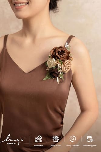 Ling's moment 2pcs Prom Wrist/Shoulder Corsage Artificial Flower, Girl/Mother Homecoming/Wedding Corsage Wristlet Décor, etc. Walnut Brown Golden Glove - color: Brn-walnut Brown & Golden Glove