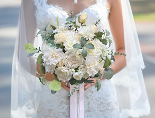 CherishedMoments White Bridal Wedding Bouquet, Artificial Flowers Bridal Cascading Bouquets for Boho Rustic Wedding and Wedding Ceremony, Anniversary - color: White