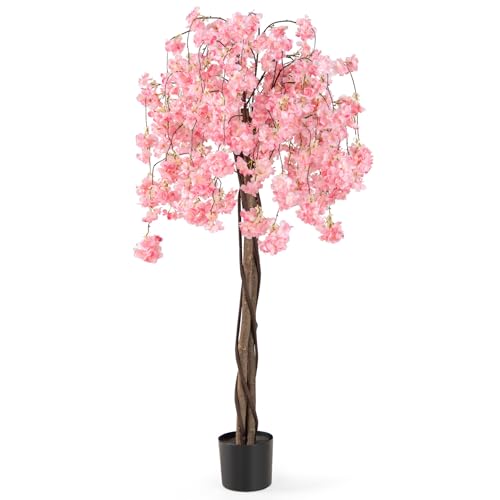 Goplus 5.5FT Artificial Cherry Blossom Tree, Fake Flower Tree, Faux Floral Plant Blooming Tree in Nursery Pot with Pink Flowers, Tall Potted Artificial Tree for Indoor Home Office Porch Decoration - color: Pink, size: 1 Pack