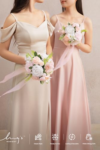 Ling's moment Blush Artificial Bridesmaid Bouquets Set of 4 Pink Wedding Flower Bouquets Cream Floral Bouquet Rose Bridal Bouquets with Ribbon,Ceremony,Anniversary,7-inch Diameter - color: Pk-pink & Cream