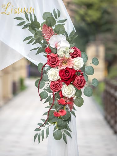 Lisuun Artificial Wedding Arch Flowers with Chiffon Runner, Pack of 3 | Includes 2 Flower Swags, 1 20ft Chiffon Runner and Zip Ties for Wedding Arches, Arbors and Backdrops - color: Wine Red & Coffee
